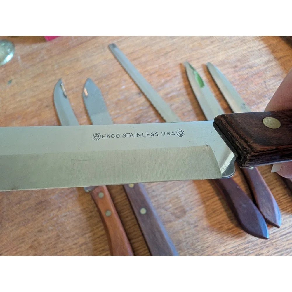 Vintage 1960s EKCO Forgecraft Waverly Wood Handle Kitchen Knife Set 6 Piece USA